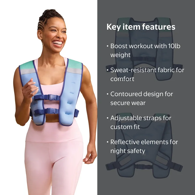 Popsugar 10lb Adult Weighted Vest, Blue, Unisex Adult Sizing