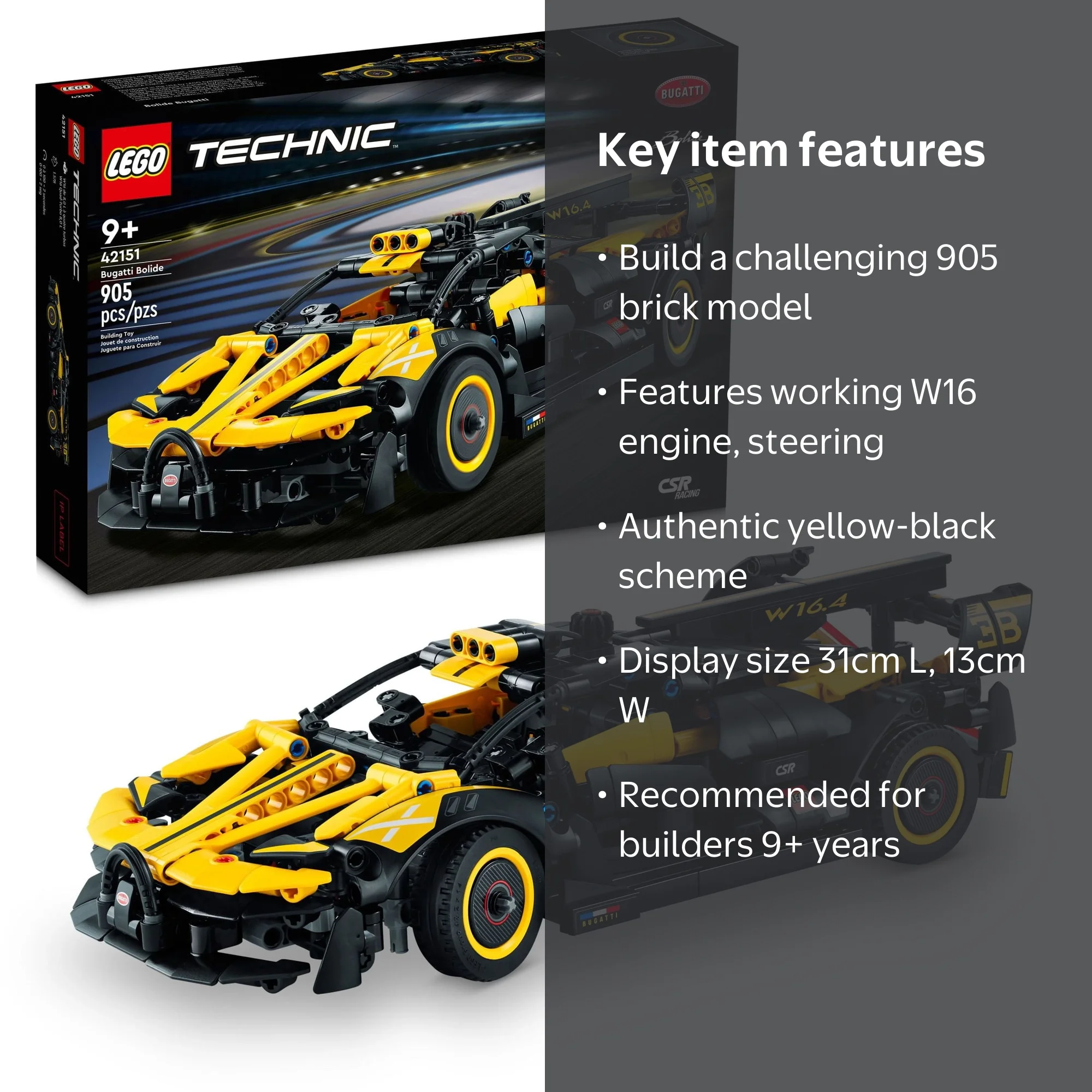 LEGO Technic Bugatti Bolide Race Car Model, 42151, 905 Pieces