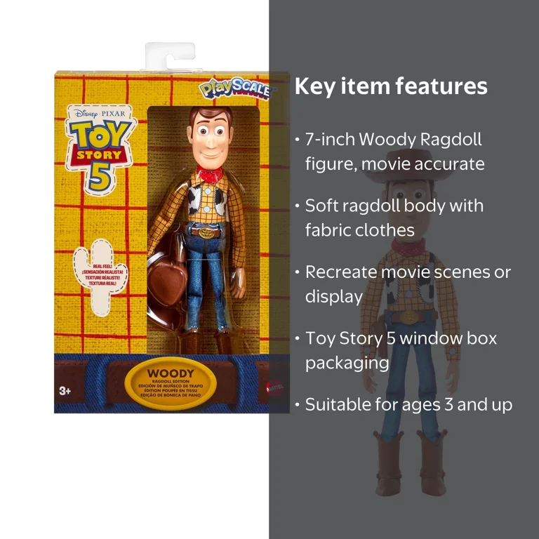 Disney and Pixar Toy Story 5 Woody Ragdoll Edition Figure, 7 Inch