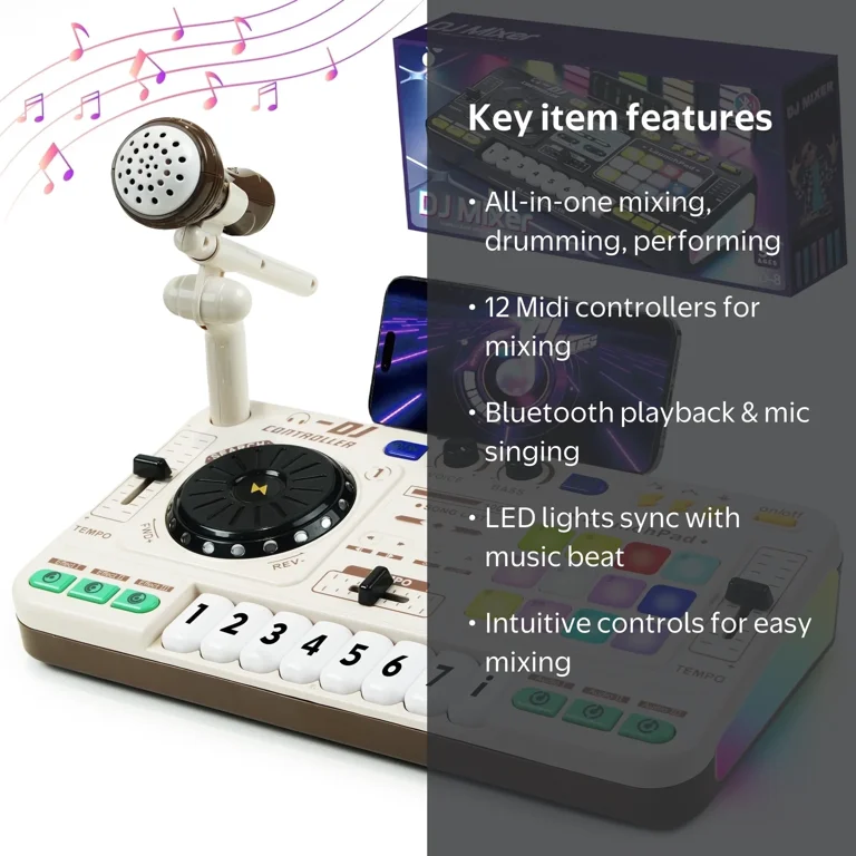 JBeeCtrl DJ Mixer for Kids with Microphone, Piano&BT Light up DJ