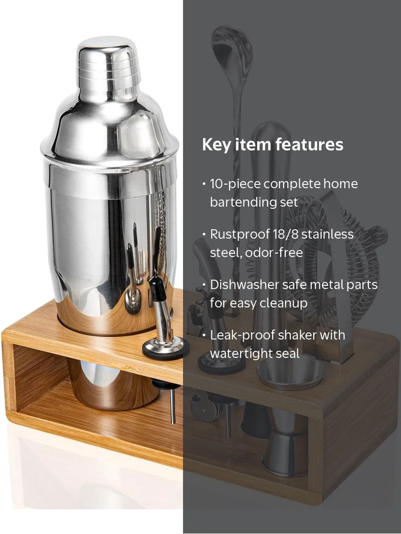 Semderm 10-Piece Cocktail Shaker Set, Stainless Steel Bartender Kit with Bamboo Stand, Mixology Tools with Muddler Jigger Pourers for Home Bar, Gift