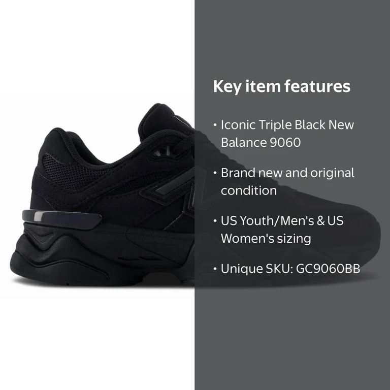 New Balance 9060 Triple Black (GS) - Walmart.com