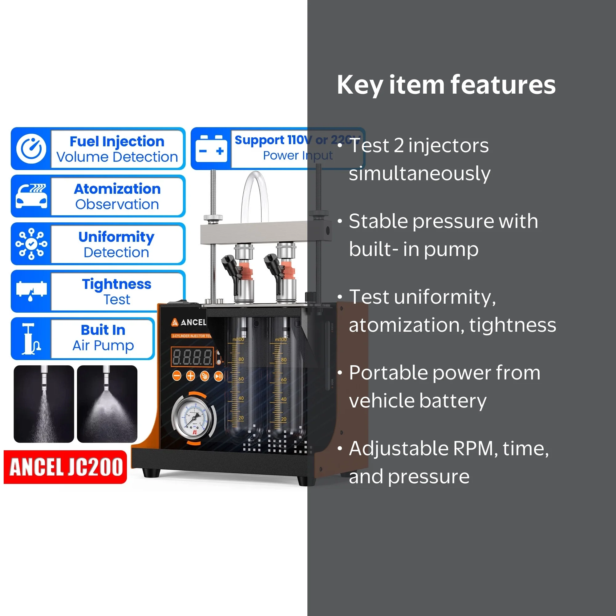 ANCEL JC200 Fuel Injector Tester Machine, Dual Channel lnjector