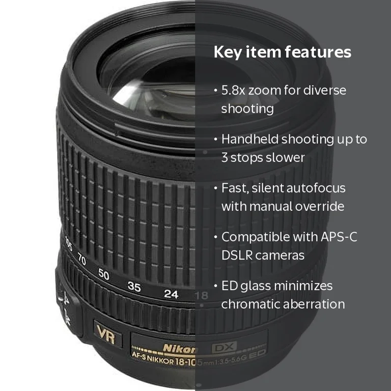 Nikon, Standard Zoom Lens, 18-105mm, VR, DX-format, Black