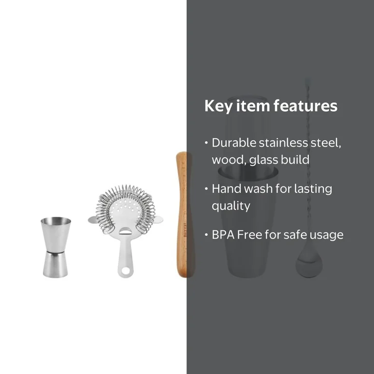 Houdini 5-Piece Bar Set in Stainless Steel with Wood and Glass