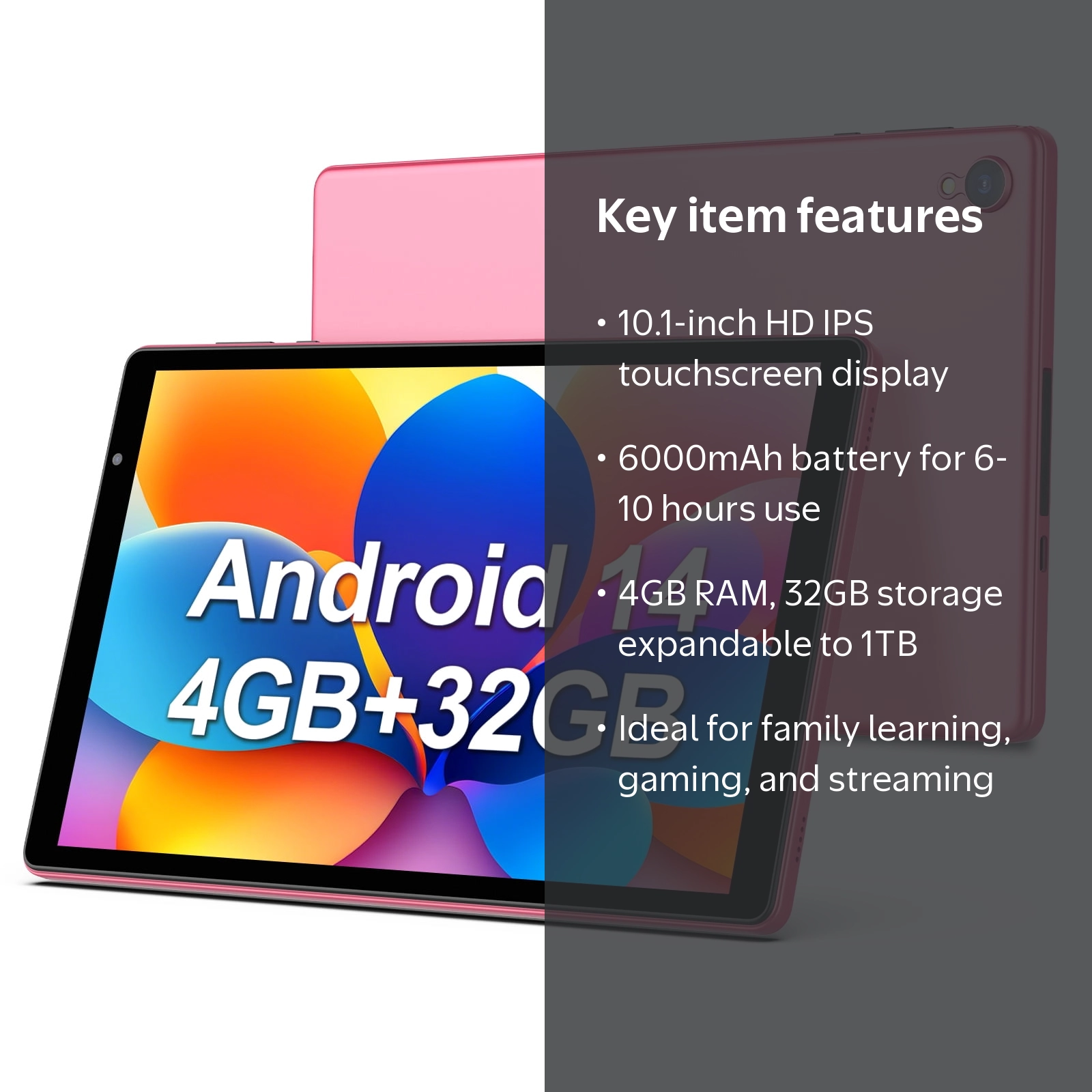 FITIFUN, Android 14 Tablet, 10 inch, 4GB RAM 32GB ROM, Pink