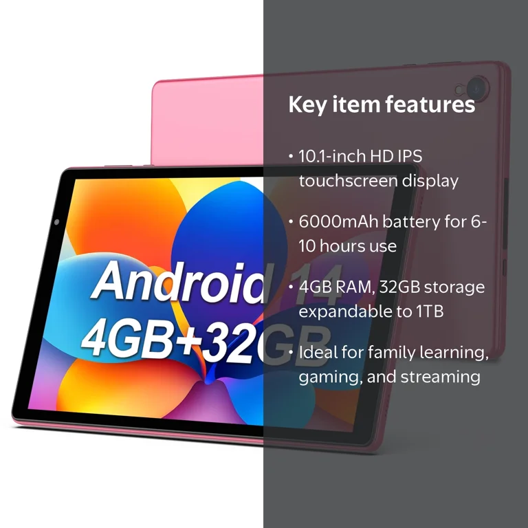 FITIFUN, Android 14 Tablet, 10 inch, 4GB RAM 32GB ROM, Pink