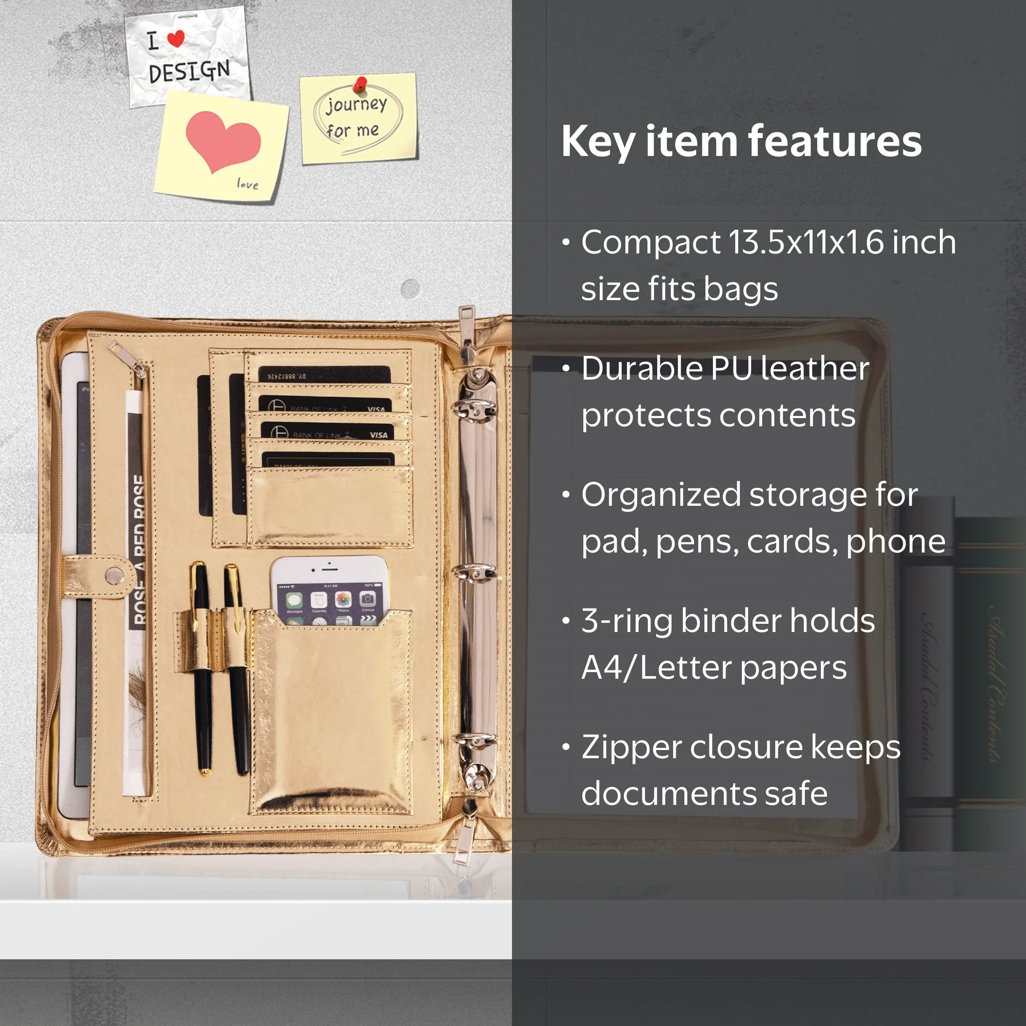 LeatherBelief Golden Portfolio Binder, Vegan Leather Padfolio
