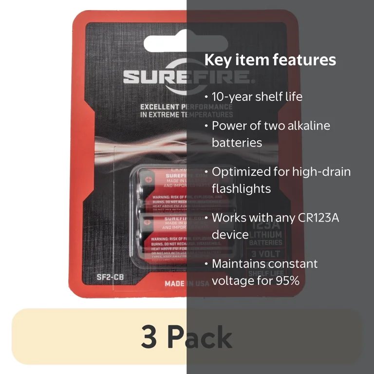 3 pack) SureFire CR123A Lithium Battery, 3V with 10-Year Shelf