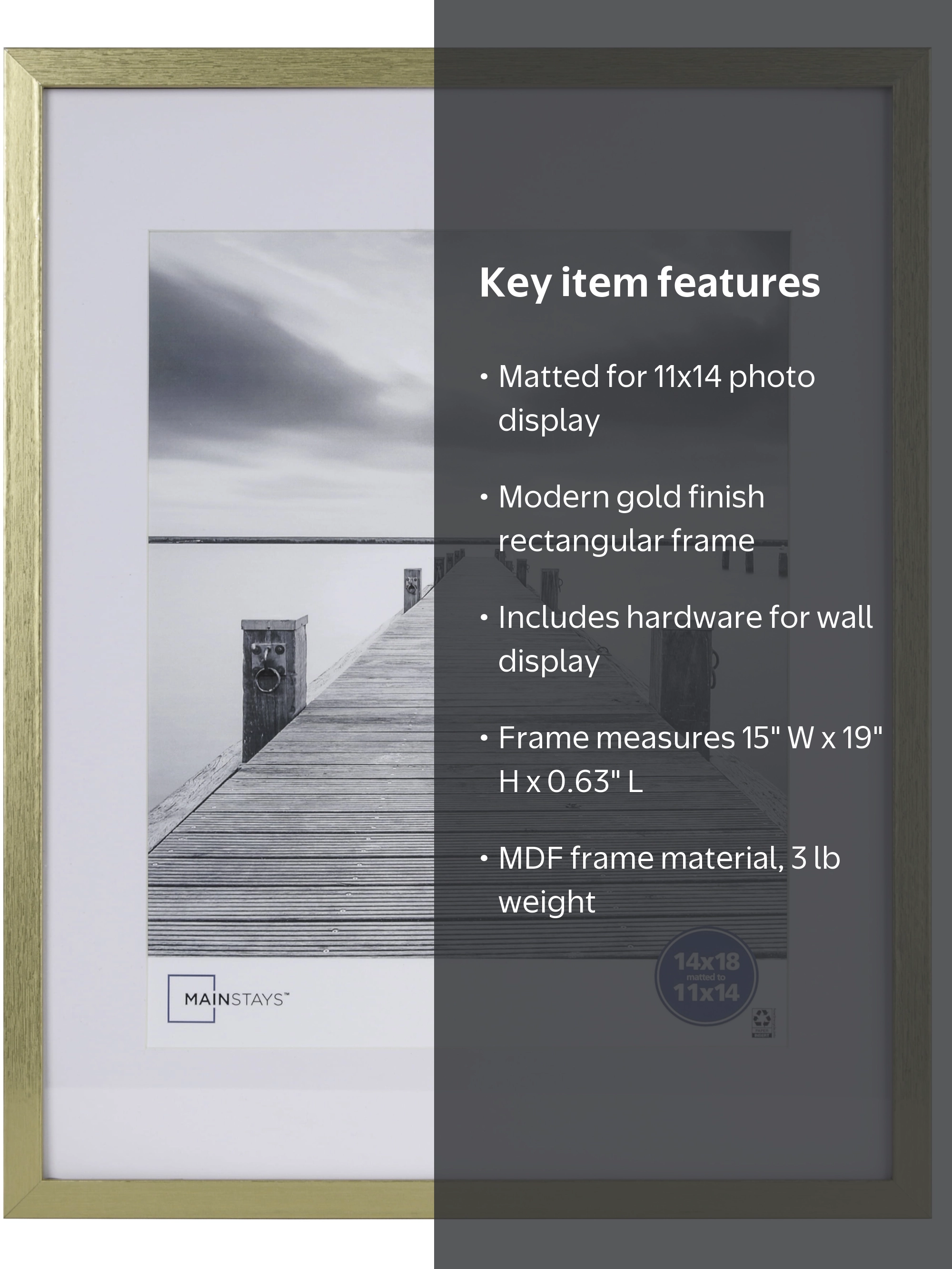 Mainstays 14x18 Matted to 11x14 Linear Gold Gallery Picture Frame