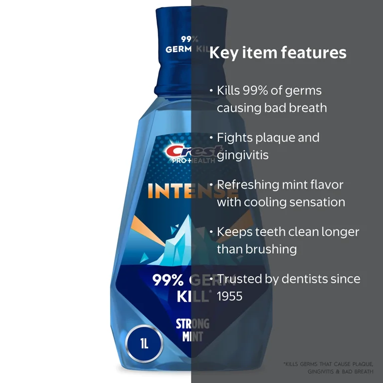 Crest Mouthwash Intense Clean Mint 1L Kills 99% Germs Fresh Breath