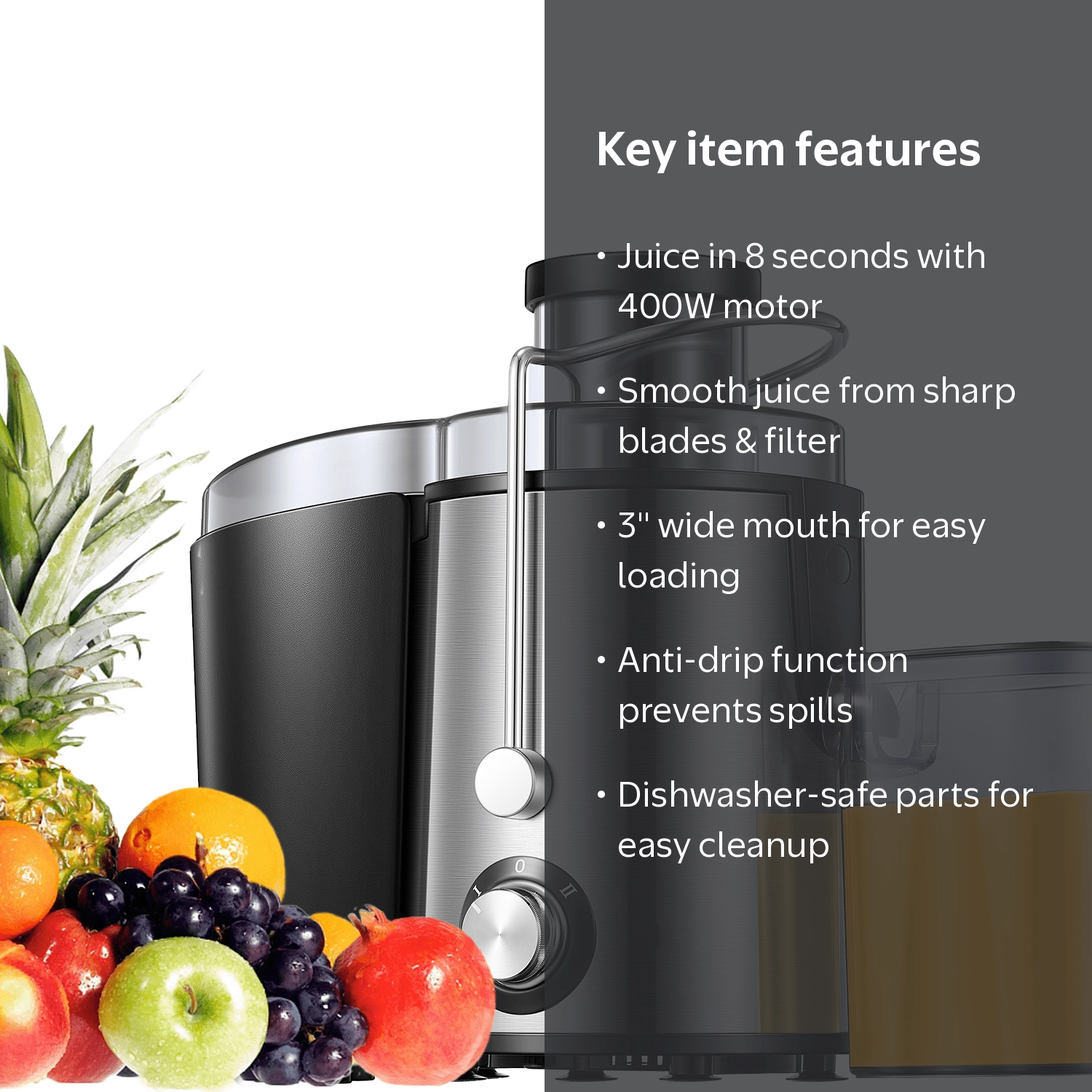 Juilist, Centrifugal Juicer, 400 Watts, Silver, 3'' Wide Mouth
