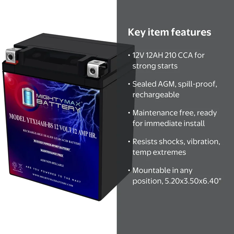 YTX14AH 12V 12AH Battery for Kawasaki 360 KVF360 Prairie 2009-2012