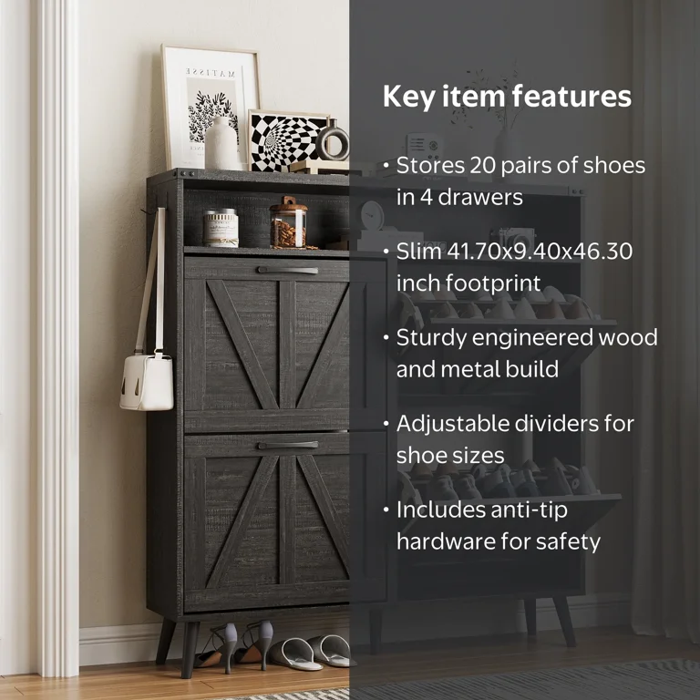 Drawer Tall Narrow Shoe Cabinet With Doors Veanerwood Shoe Cabinet Wtih Flip Drawers, Freestanding Narrow Shoe  Storage Cabinet With Legs For Entryway, Black