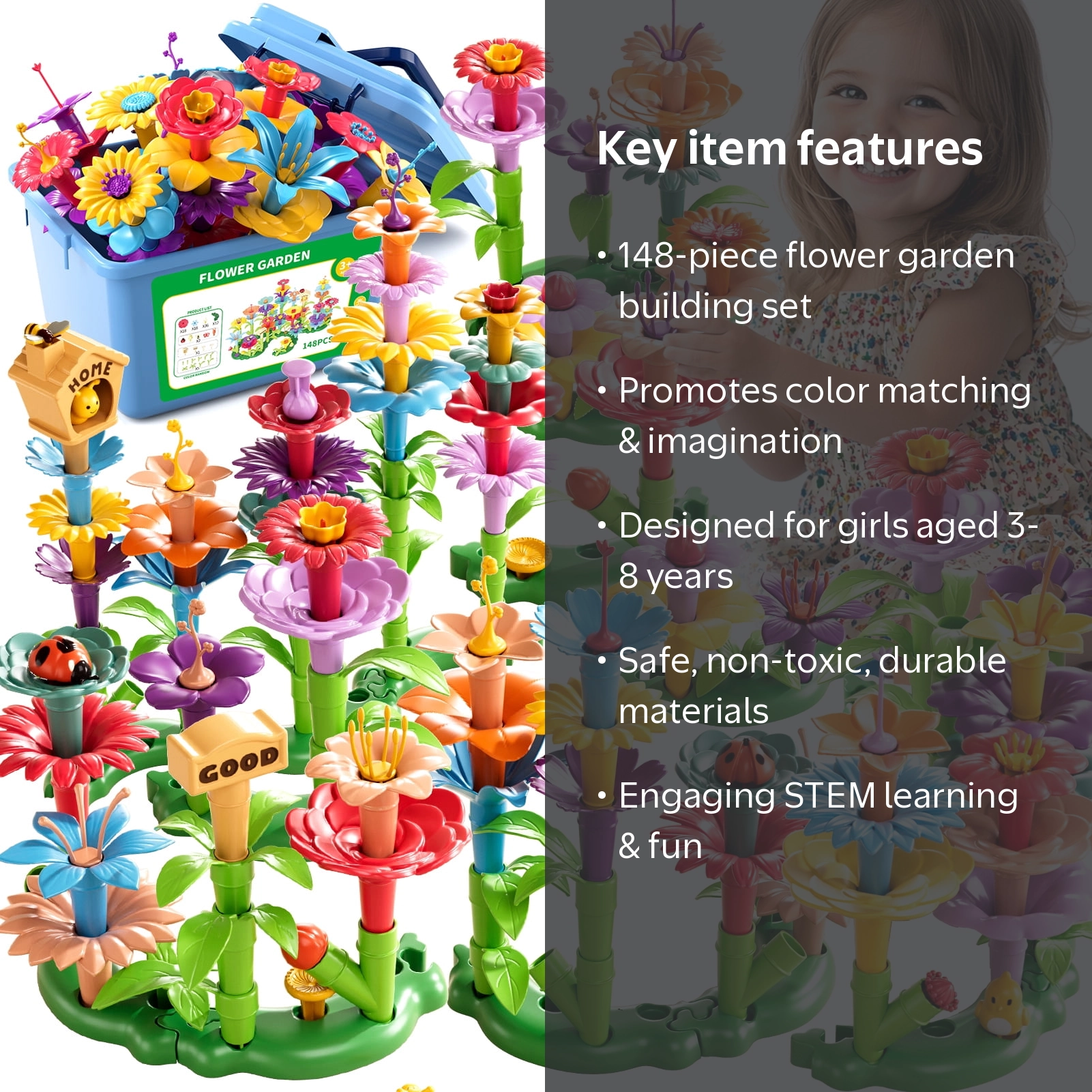 Lucky Doug 148-Pc Flower Garden Building Toys for Girls Ages 3-8