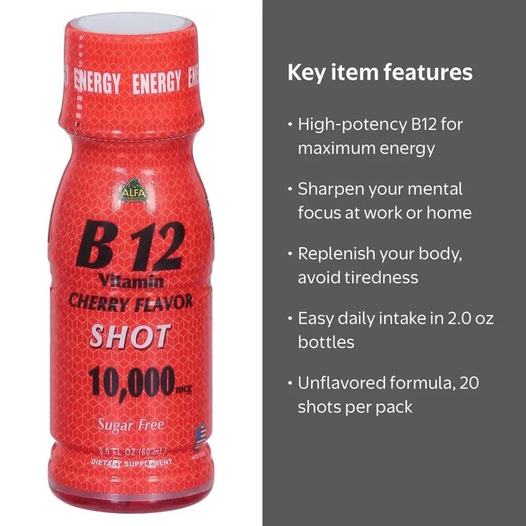 Alfa Vitamins High-Potency Vitamin B12 Shots, Unflavored, Sugar-Free, Gluten-Free, Non-GMO, 10,000 mcg, Pack of 20