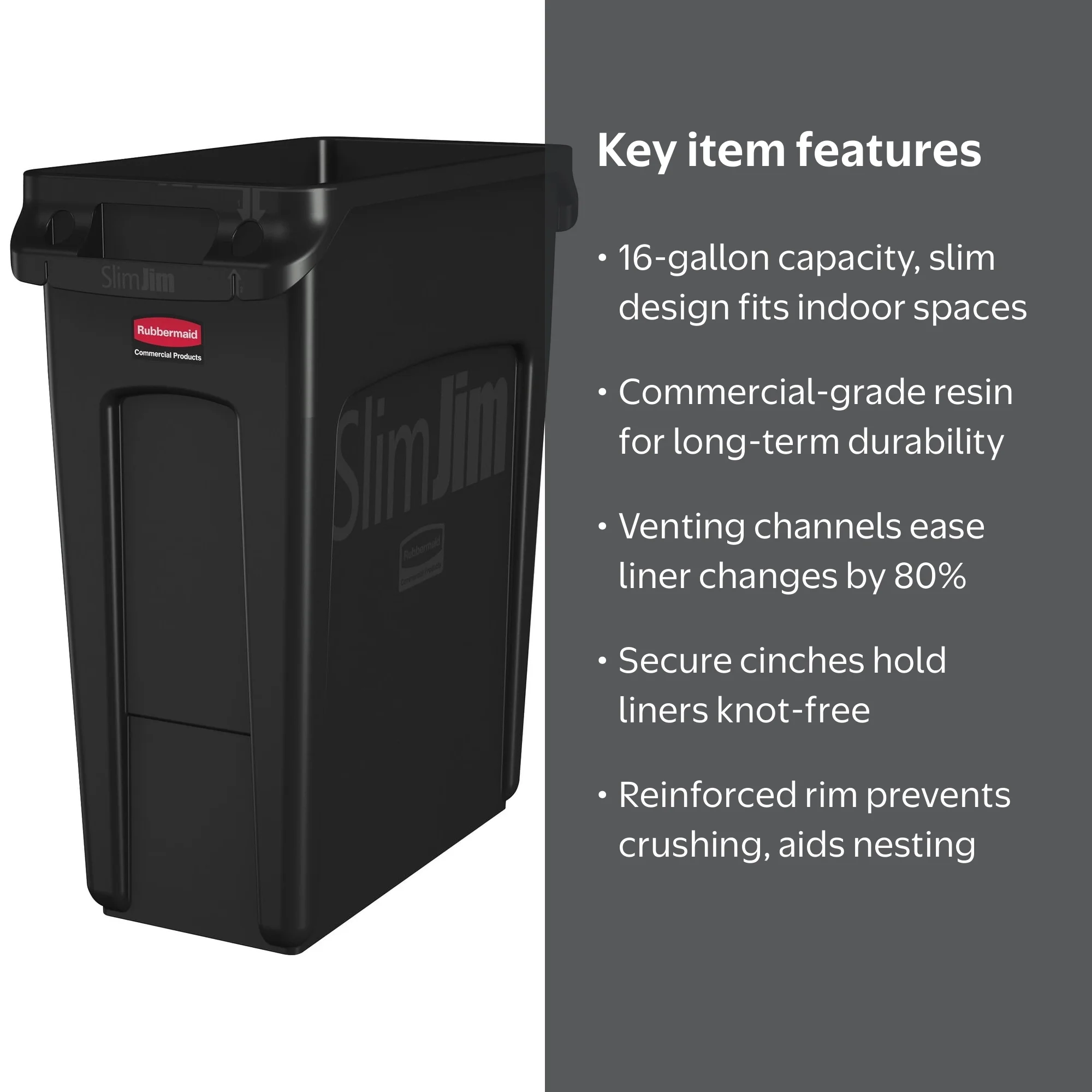 Rubbermaid, Vented Slim Jim Resin Trash Can, 16 gal, Black