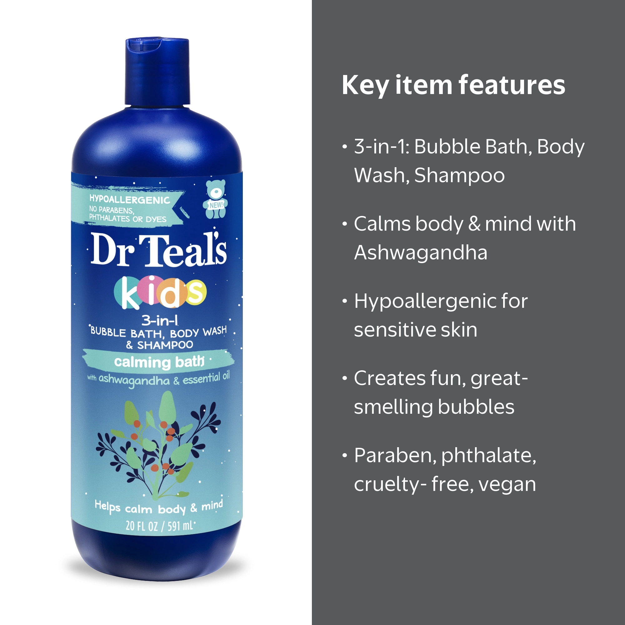 Dr Teal's Kids 3-in-1 Bubble Bath, Body Wash & Shampoo with