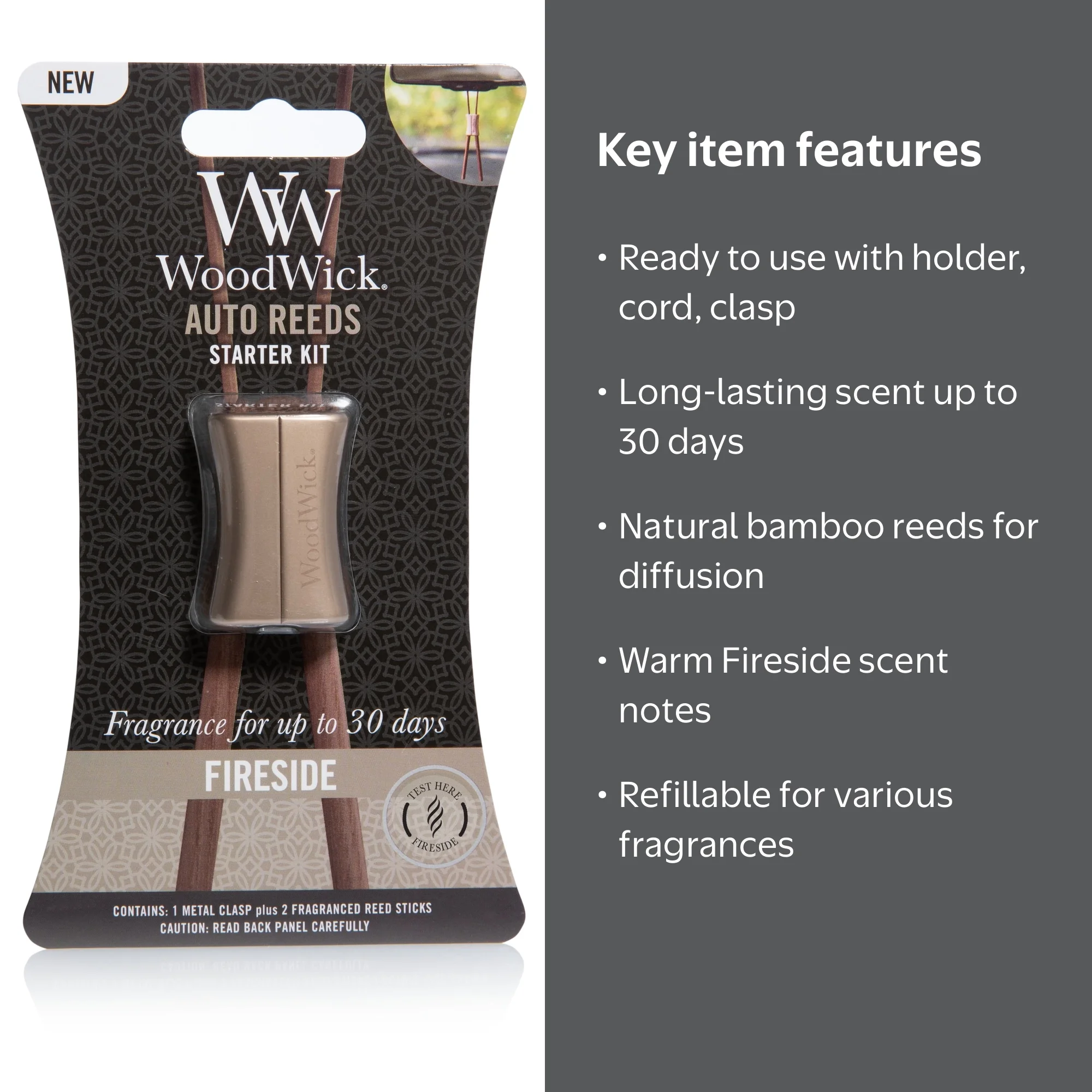 WoodWick Fireside Auto Reeds Hanging Car Air Freshener Starter Kit