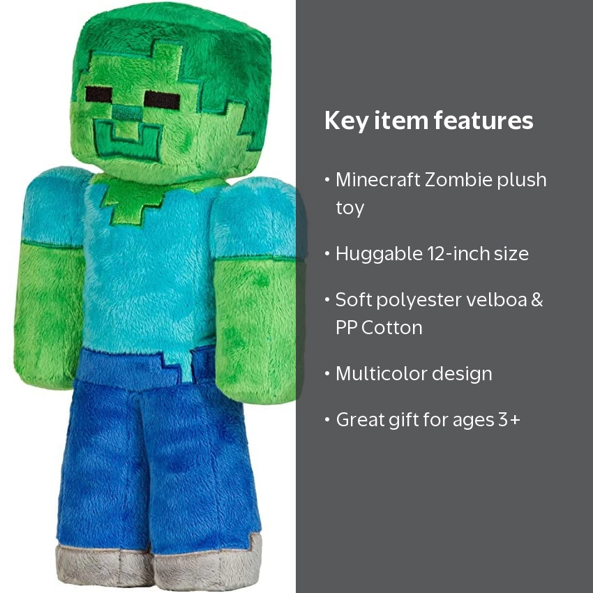 Jinx Designed Minecraft Zombie Plush Stuffed Toy, Soft Polyester