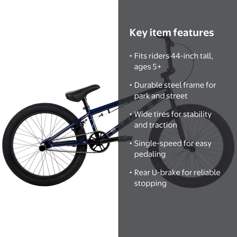 Huffy 20” Symbol BMX Freestyle Bike, Fits Riders 44”, Navy, Kids