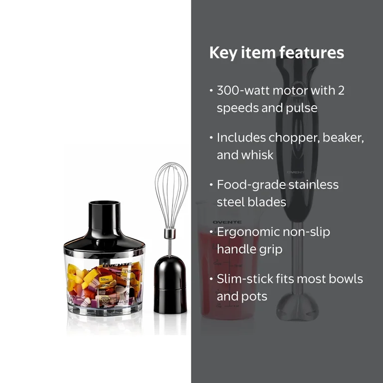 Ovente 300W Handheld Immersion Blender with Whisk, Beaker
