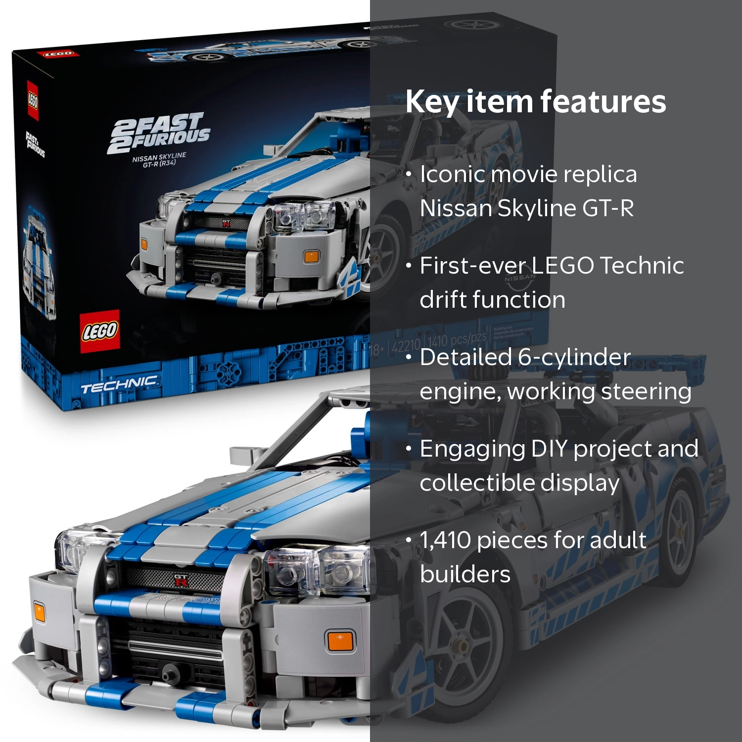 LEGO, Car Model Kit, 42210, Fast & Furious Nissan Skyline GT-R R34