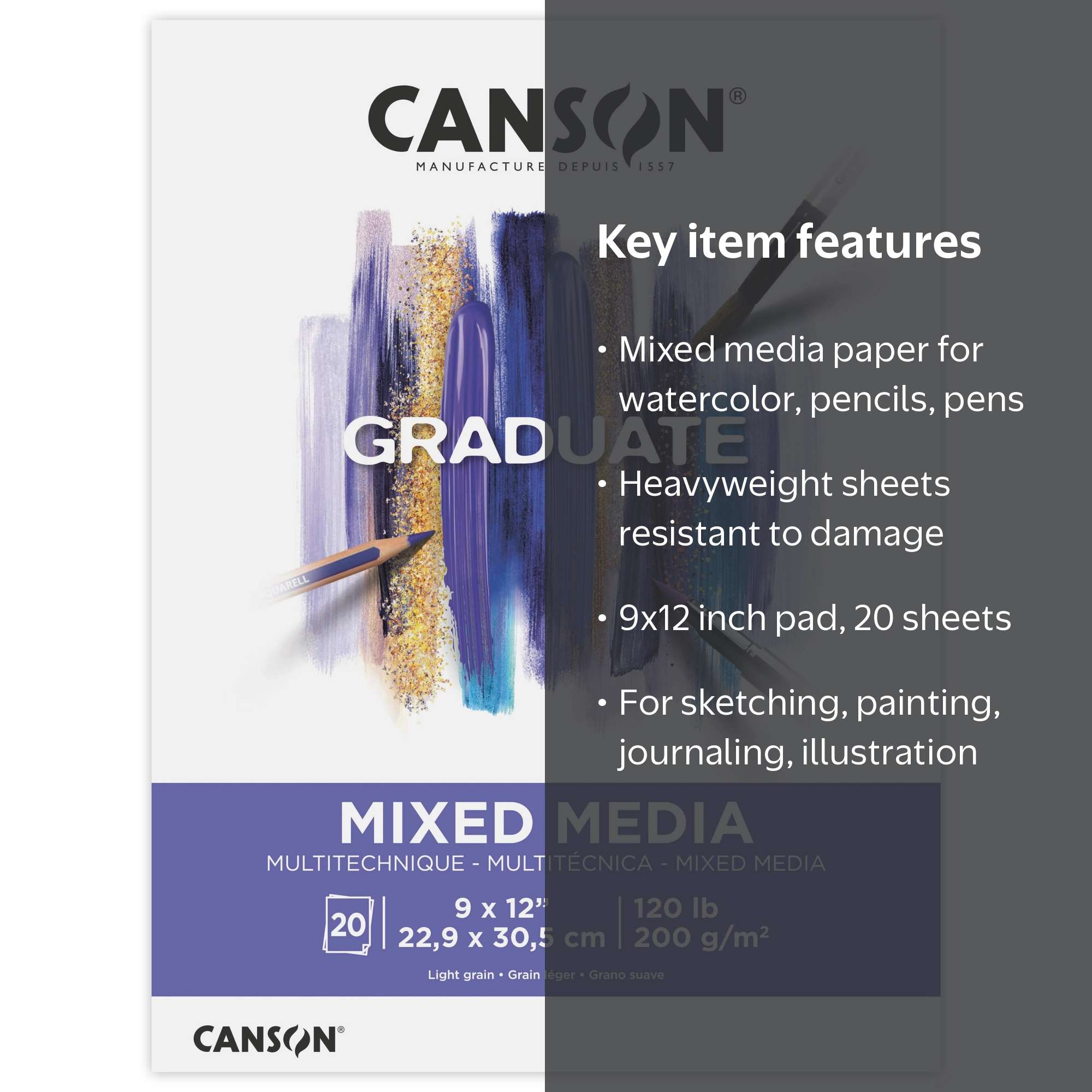 Canson Mix Media Paper Pad, 9x12 inch, 120lb/200g, 20 Sheets