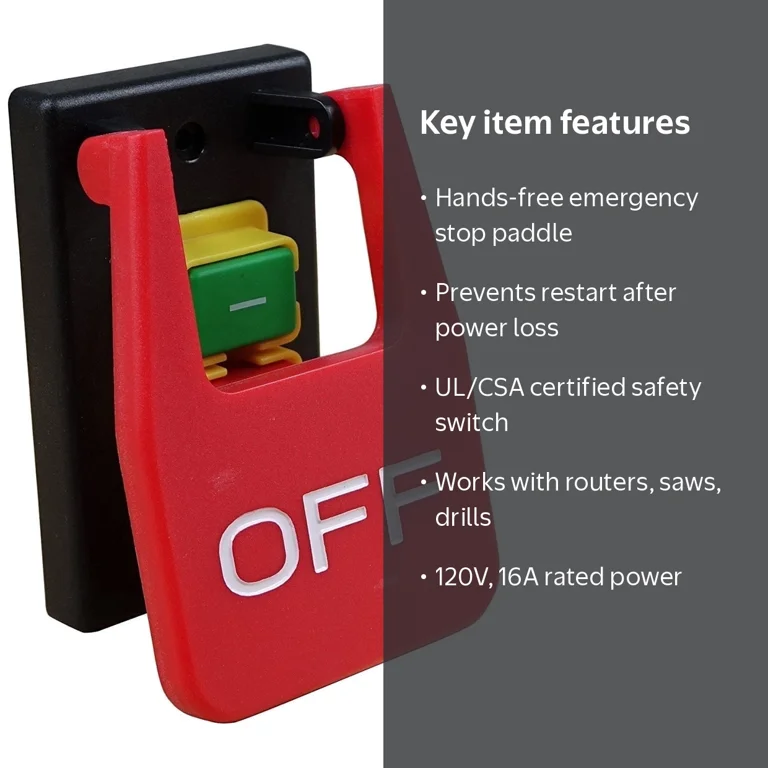 POWERTEC 71054 Magnetic Paddle Switch – 120V, 16 Amp, 1/2 HP, Large Emergency Stop Paddle, UL Approved