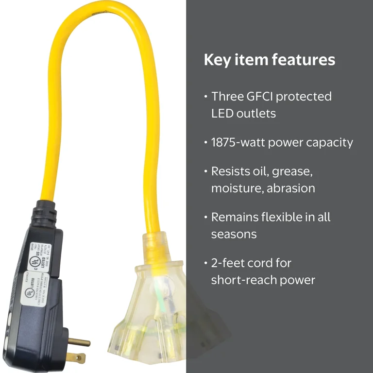 Yellow Jacket 2814 12/3 SJTW GFCI with 3-Outlet LED Power Block, 2