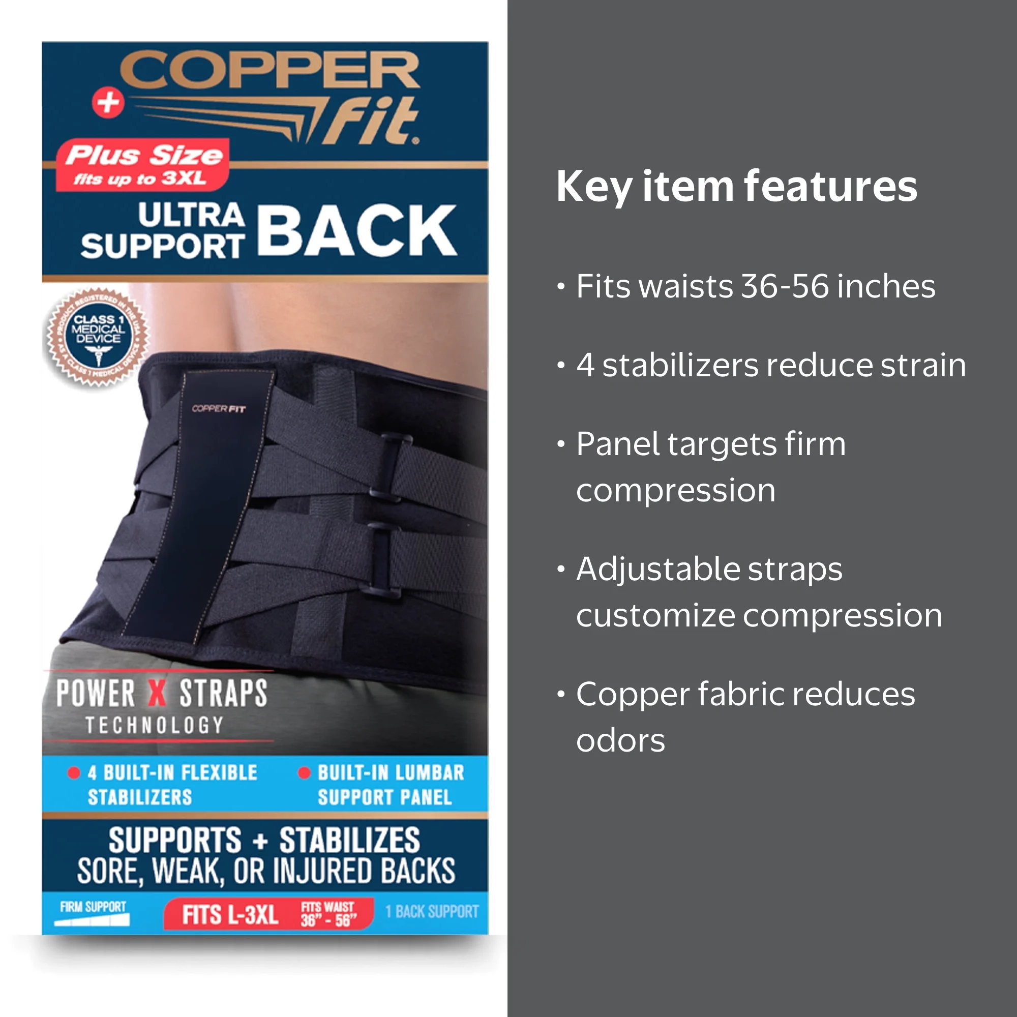 Copper Fit Ultra Support Back Brace – Plus Size (Fits Waist 36”–56
