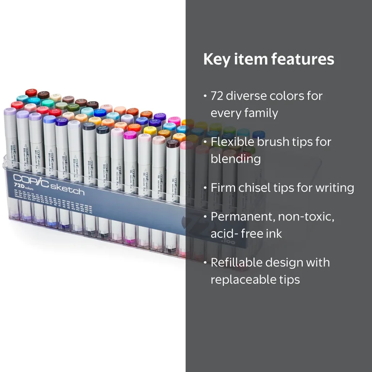 Copic Sketch Marker Set, 72-Colors, D, Refillable, Brush Tips