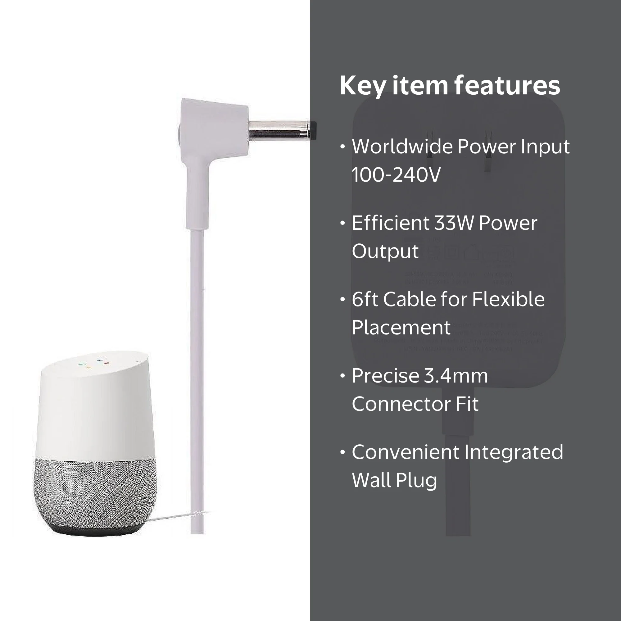 Google Home Smart Speaker AC Adapter with Power Cord, Plug & Cable