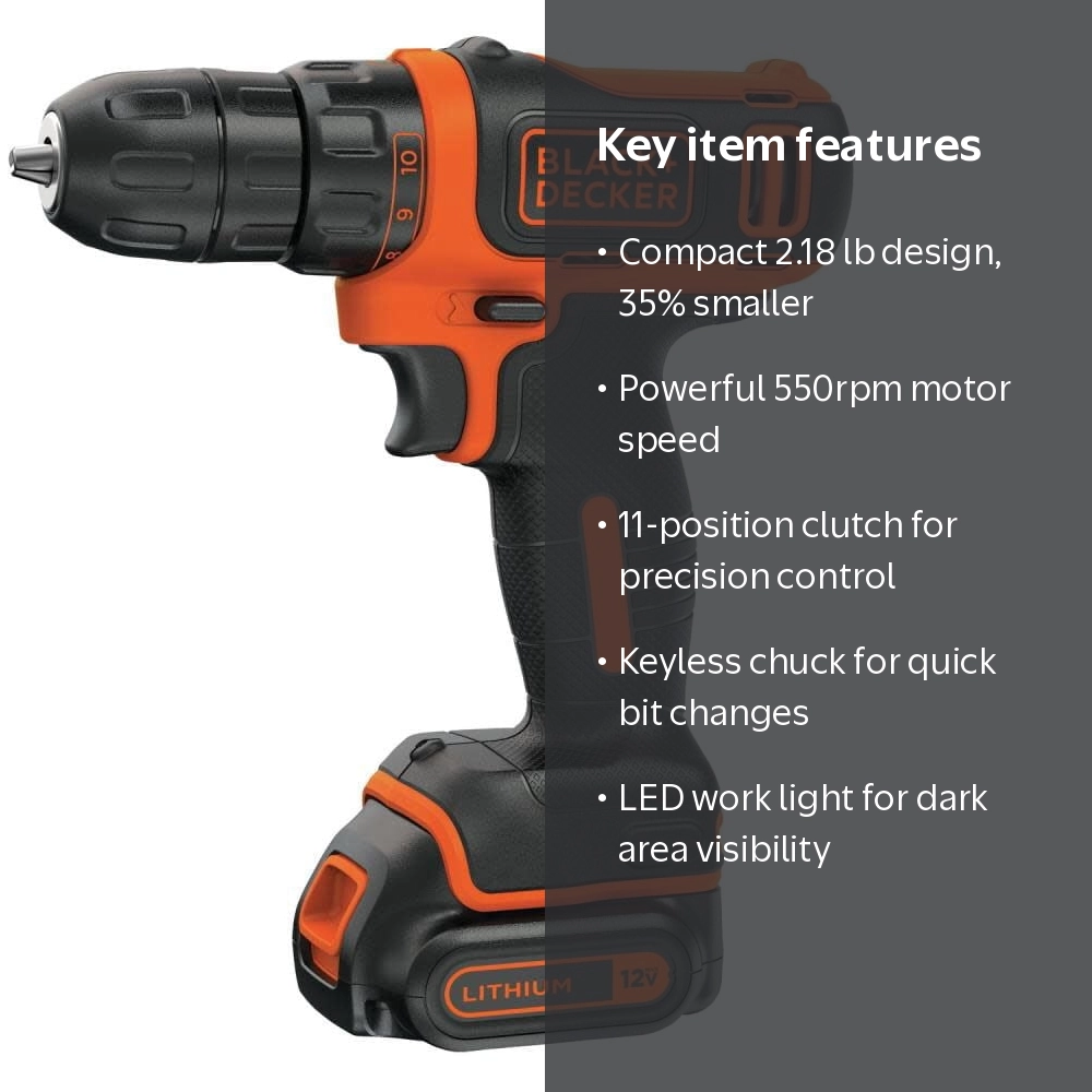 BLACK+DECKER, Drill with one battery, Orange, 12V MAX Lithium