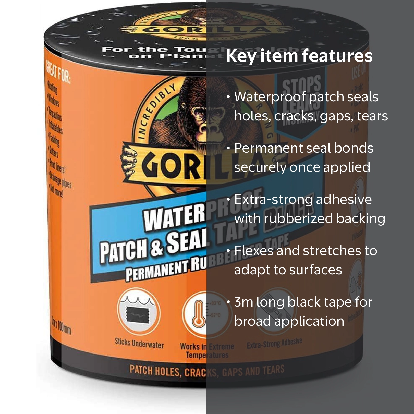 Gorilla Glue 3044721 Waterproof Patch & Seal Tape, Extra-Strong