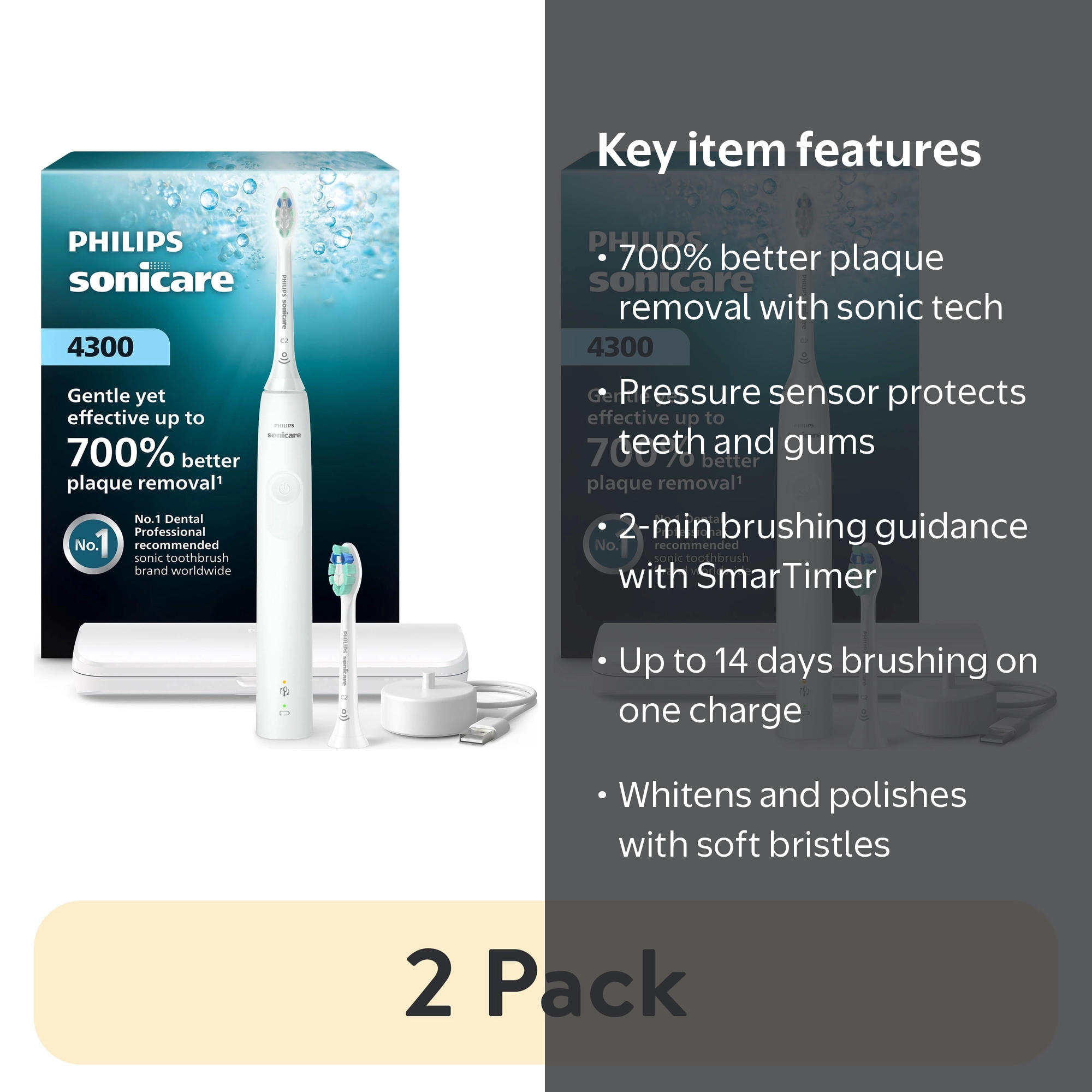 Sonicare 4300 Series Electric Toothbrush, 2pk, Model HX3684/23
