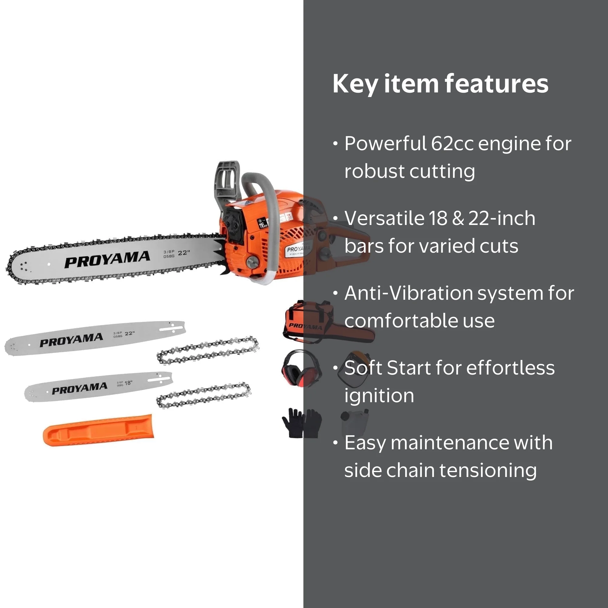 PROYAMA 62CC 2-Cycle Gas Powered Chainsaw, 22 Inch 18 Inch