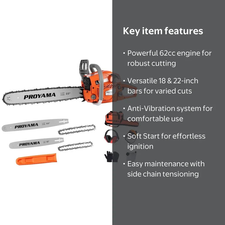PROYAMA 62CC 2-Cycle Gas Powered Chainsaw, 22 Inch 18 Inch