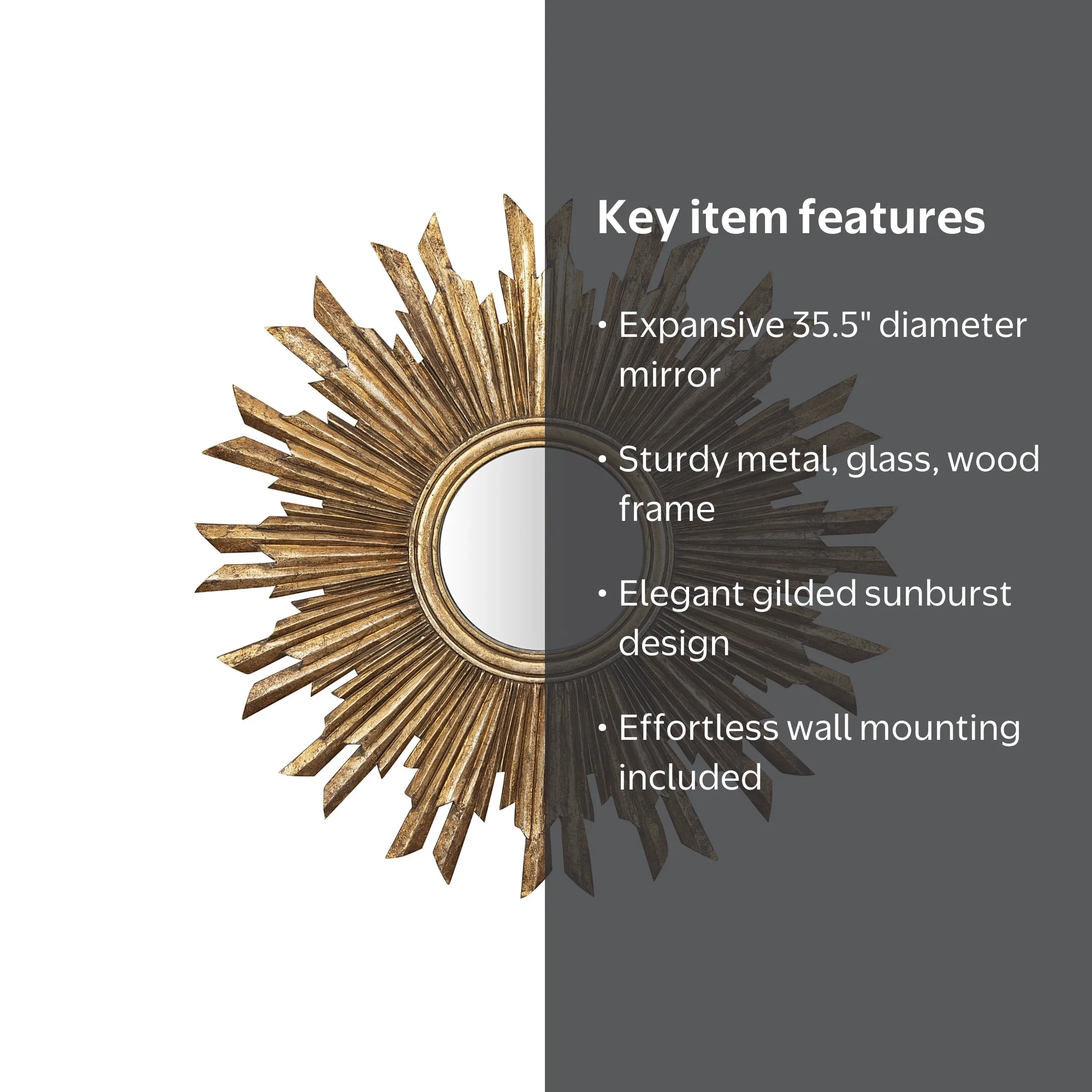Creative Co-Op Large Gold Sunburst Wall Mirror, Reclaimed Wood