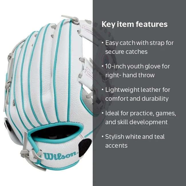 Wilson, T-Ball Glove, 10‚Äù EZ Catch, White/Teal, Right Hand Throw