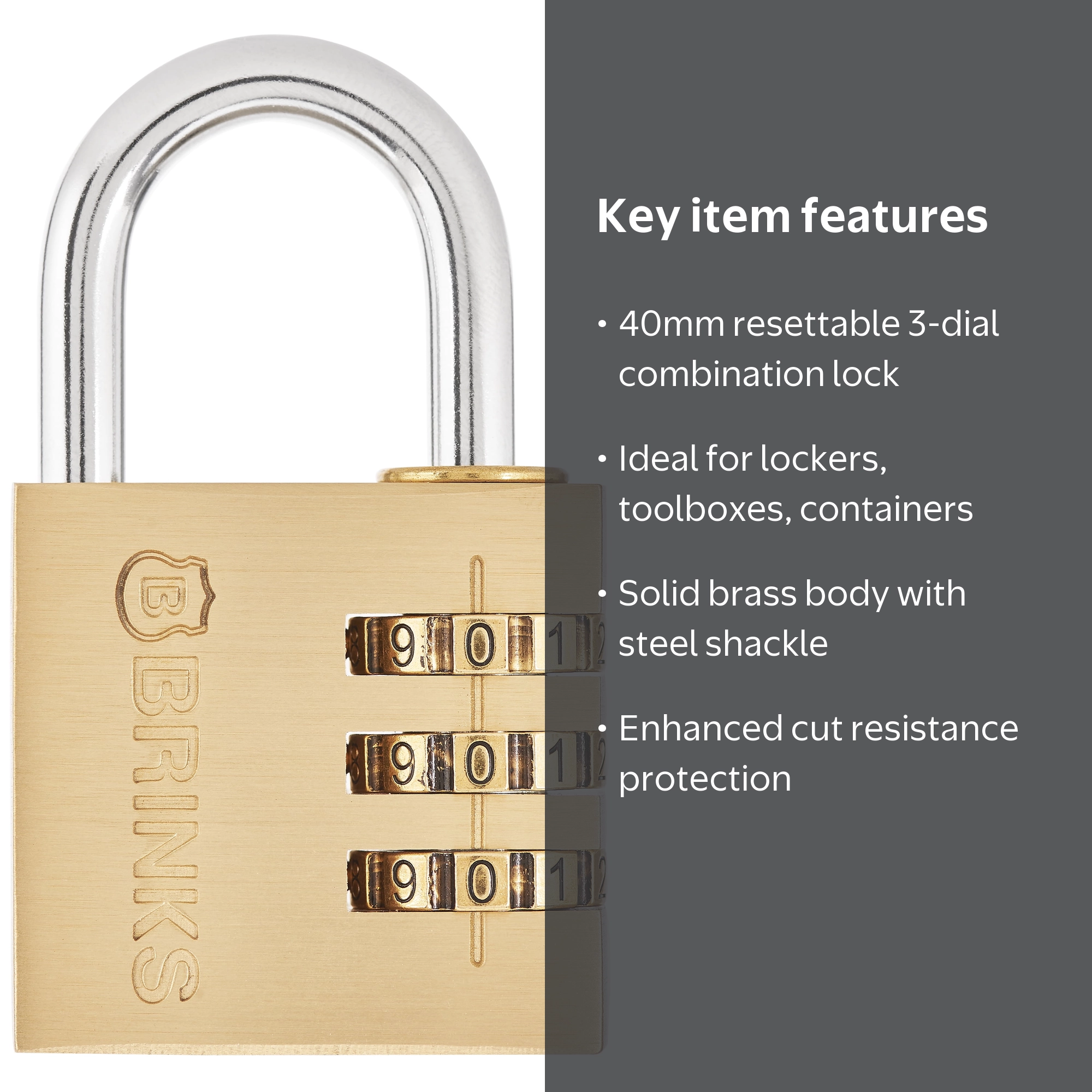 Brinks Solid Brass 40mm Resettable Combination Padlock with 1 3