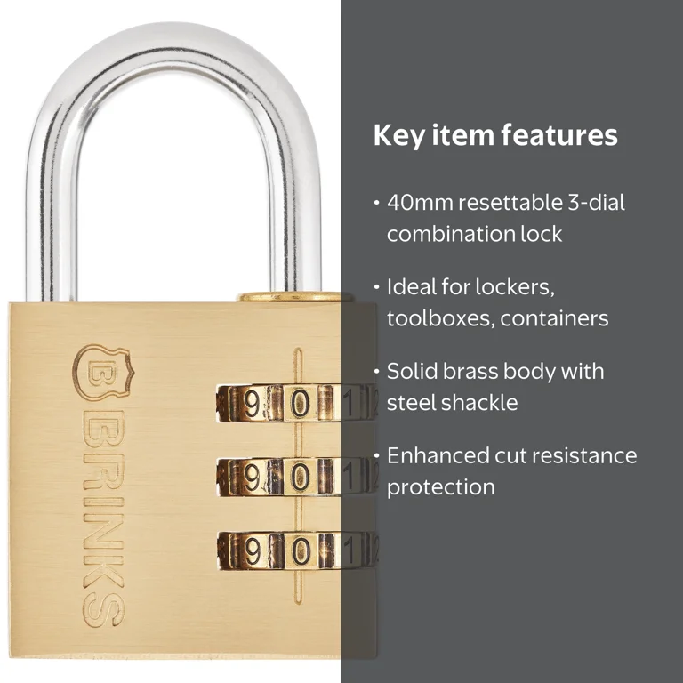 Brinks Solid Brass 40mm Resettable Combination Padlock with 1 3