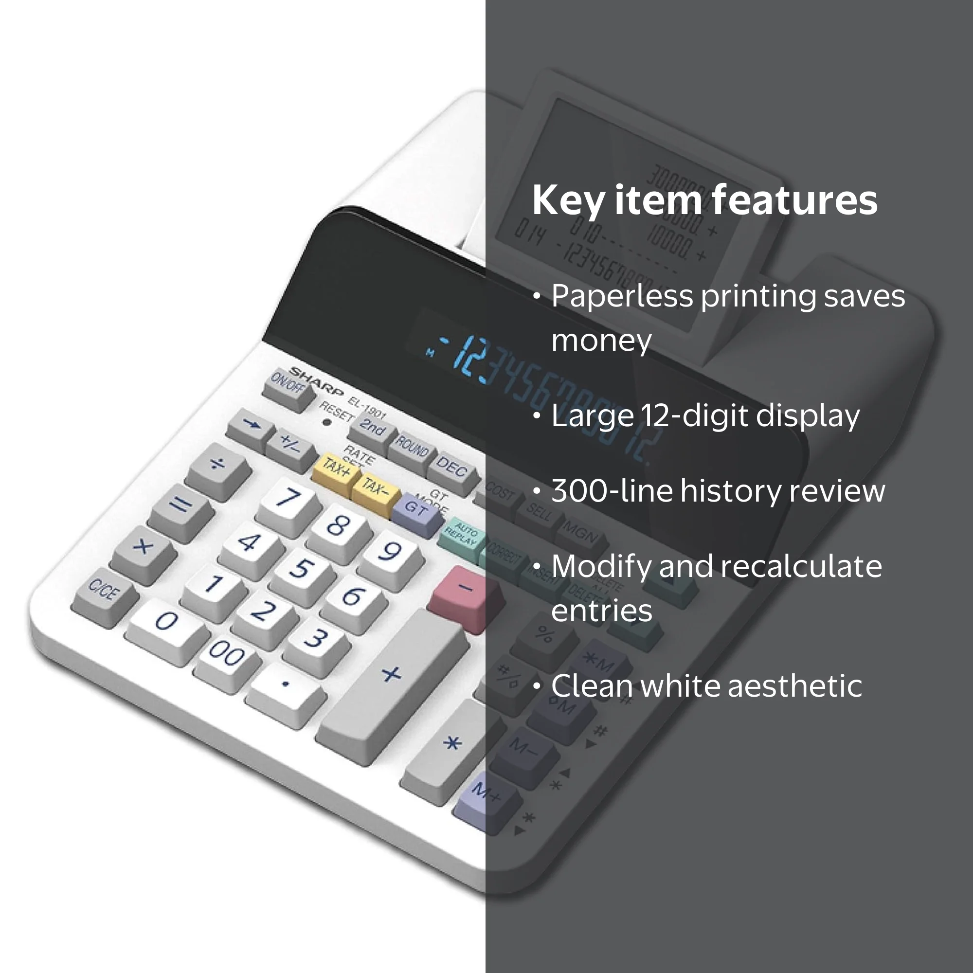 Sharp EL-1901 12-Digit Paperless Printing Calculator, SHREL1901
