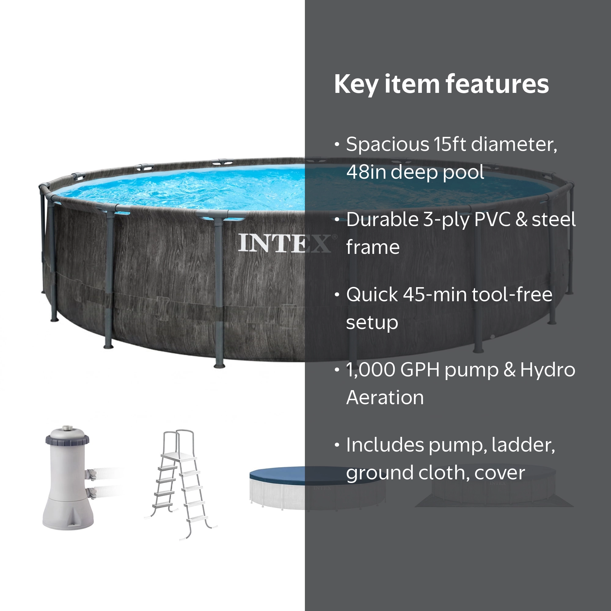 Intex, Round Prism Frame Pool, 15 ft x 48 in, Above Ground Water