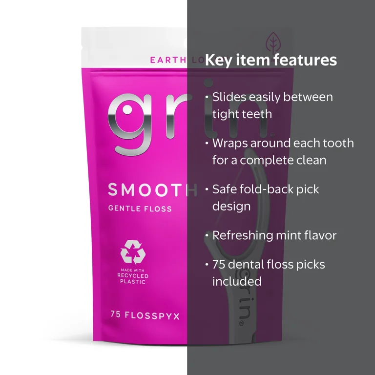Grin Oral Care Smooth Dental Floss Picks, Gentle Tape, 75 ct