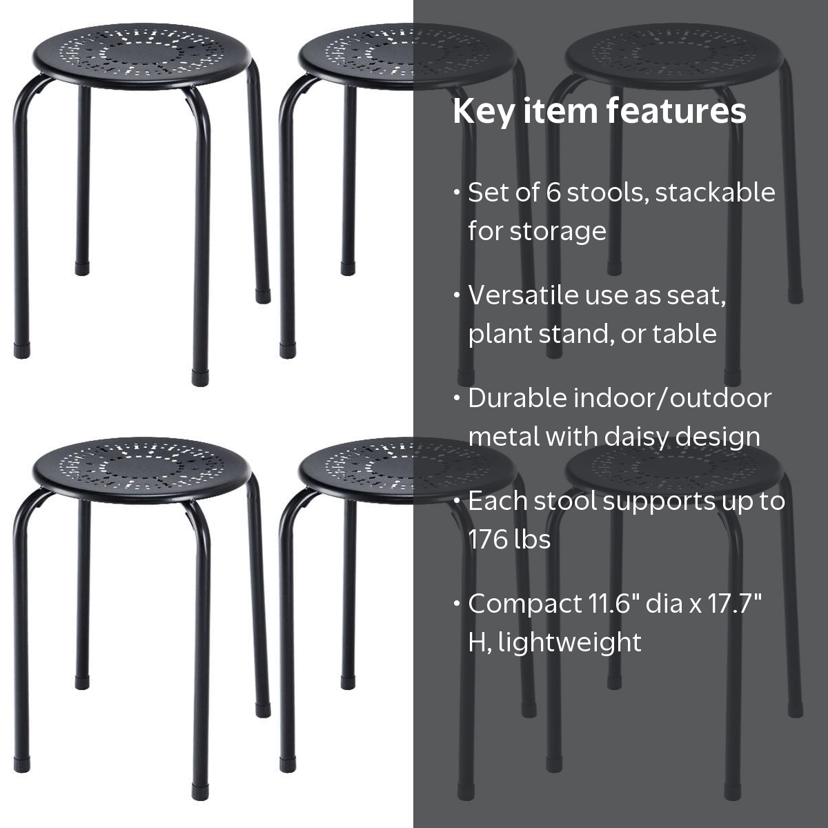 Costway 6Pcs Stackable Black Metal Stools with Round Top, Daisy