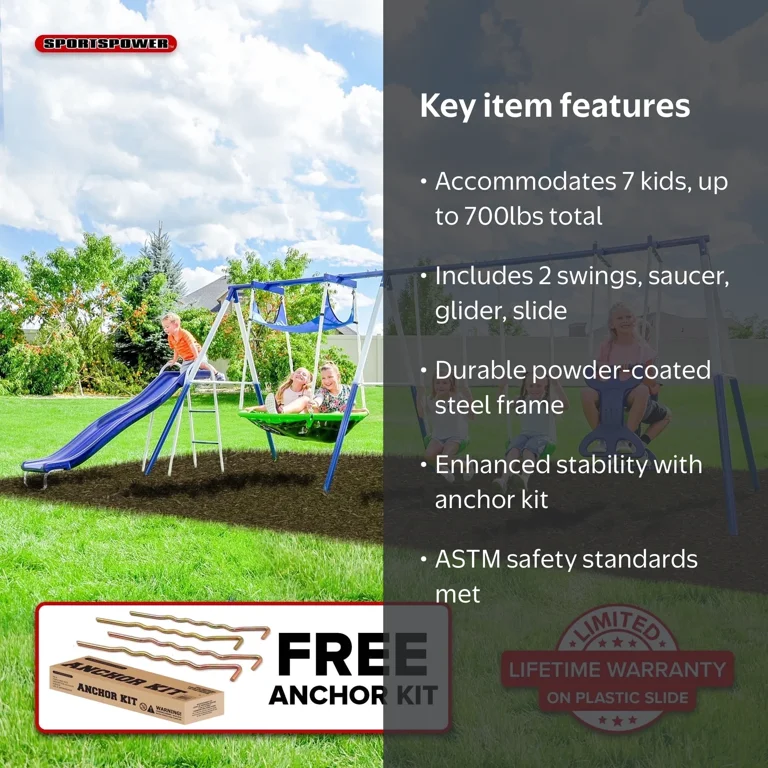 Sportspower, Outdoor Rosemead Metal Swing Set, Blue, 6.5ft Slide