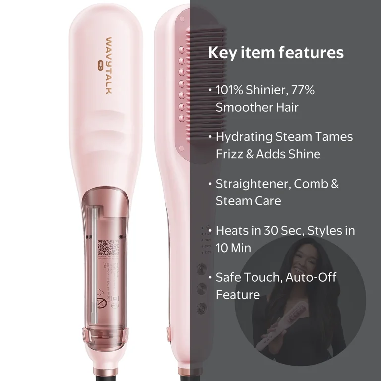 Wavytalk, Pro Steam Hair Straightener Brush, 12 inch, Pink