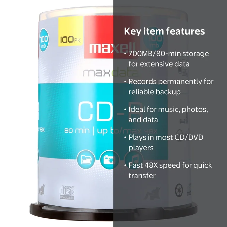 Maxell, CD-R 100PK Spindle, 48x, 700MB Recordable Blank Media