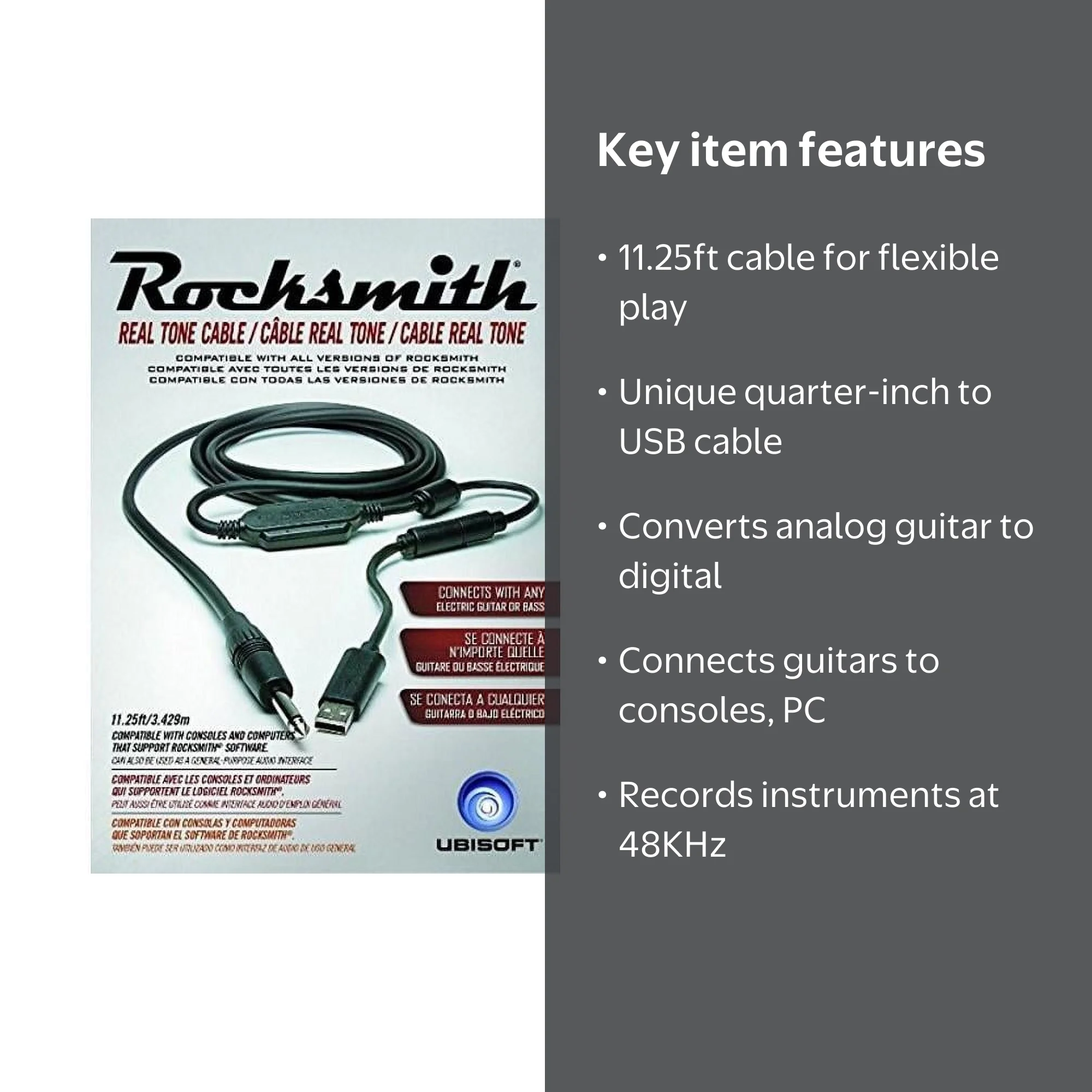 Ubisoft Rocksmith Real Tone USB Audio Cable, 11.25ft, PS3, PS4